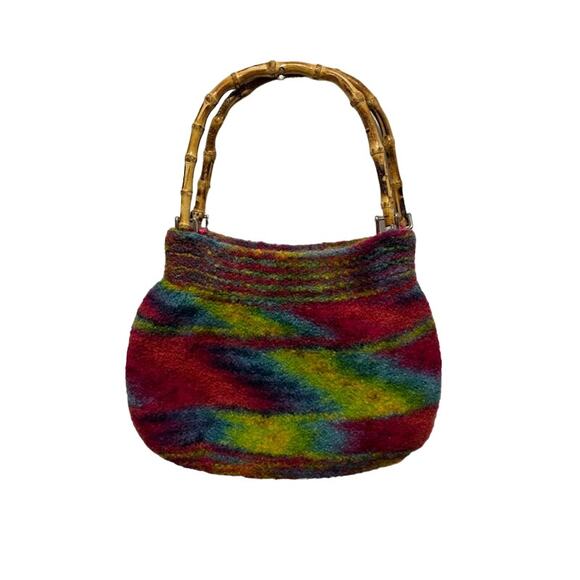 Handmade bag wool felted purse multicolored handbag w wooden handle bright color - Picture 2 of 8